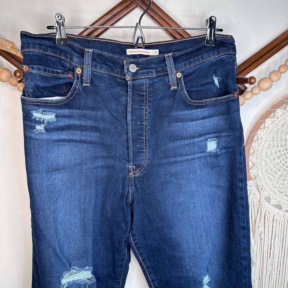 Levi's Dark Wash Distressed Ribcage Straight Ankle Jeans - Picture 2 of 3